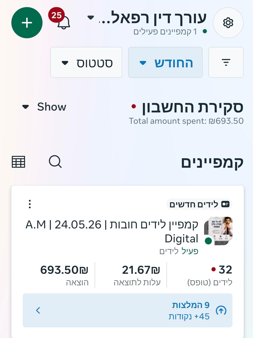 צילום מסך אמיתי מתוך Meta Ads Manager — קמפיין לידים לחובות פעיל: 32 לידים, 693.50₪ הוצאה, 21.67₪ עלות לליד